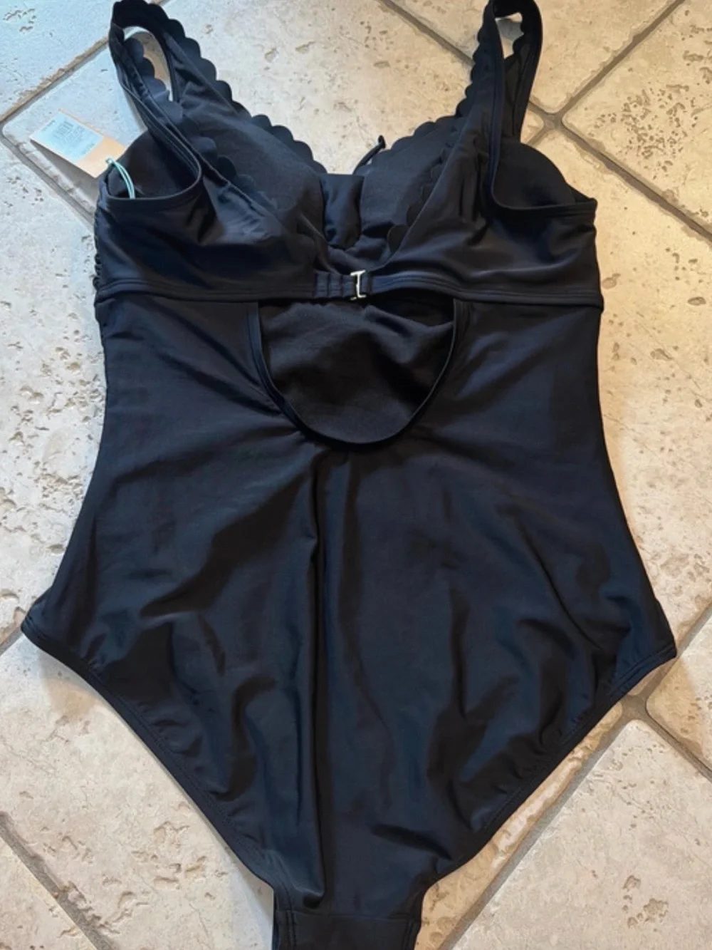 NWT Shade & Shore Black Scalloped One Piece Swimsuit Lace Up Size XL (16) Ruched